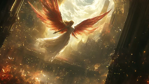 Radiant seraphic ascension over burning gothic megastructure.