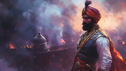 Armored warrior stands before burning fortress in smoke