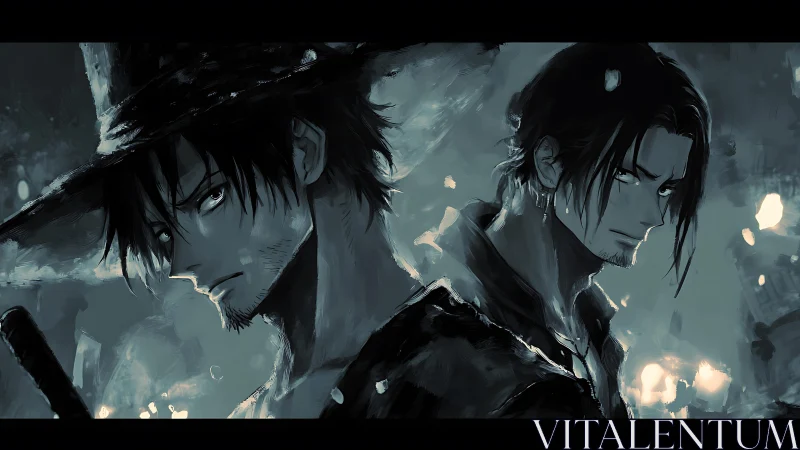 Brooding anime swordsmen face stormy night in monochrome.