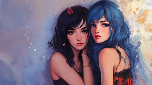 Tender blue-haired friends sharing a quiet, gentle moment.