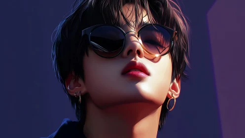 Person wearing sunglasses viewed from low frontal angle