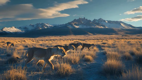 Alpine Wilderness: Guanaco Pack Against Snow-Capped Mountain Range.