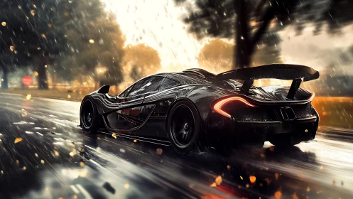 3D supercar rendering in dynamic rain-soaked motion study.