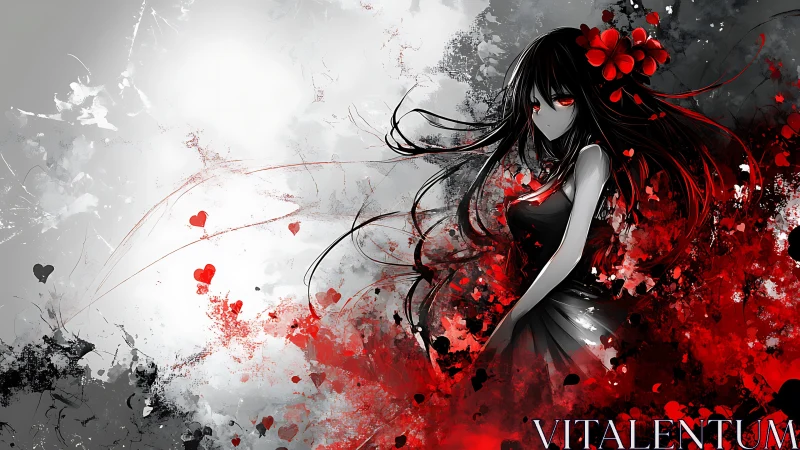 Monochrome red-splashed anime girl in abstract floral vortex