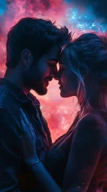 Silhouetted couple in frontal profile against luminous chromatic gradient atmospheric backdrop