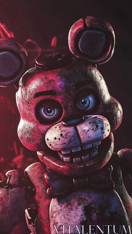 Grinning rust-bitten animatronic bear under neon dread.