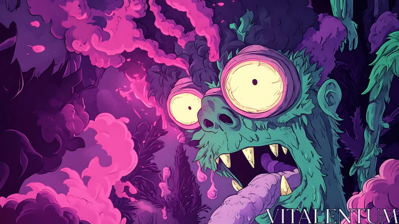 Psychedelic monster close-up in neon horror comic style.