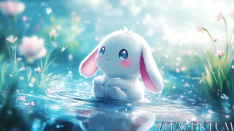 Moonlit raindrop bunny quietly splashes in pastel bloom pond