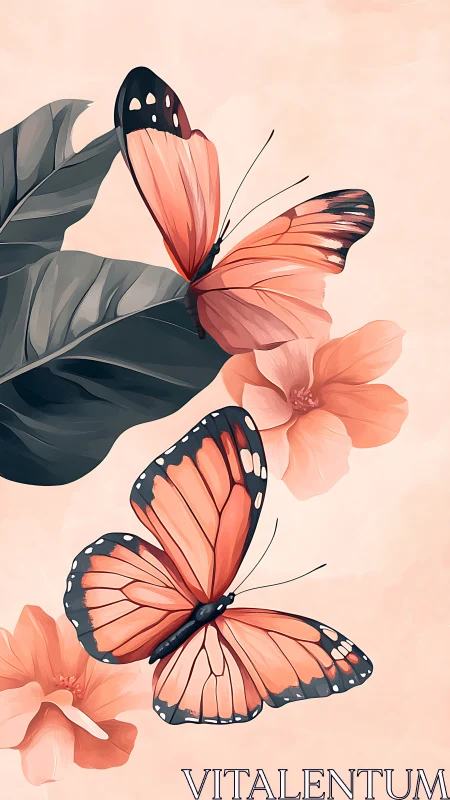 Coral butterflies drift among soft florals on pastel skies.
