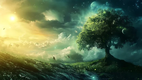 Enchanted lone tree between sunlit dawn and cosmic night.