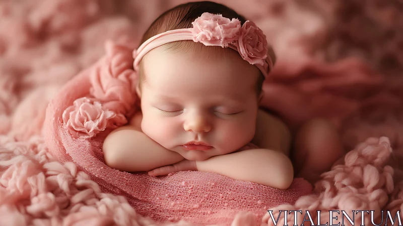 Sleeping Newborn Girl in Pink Floral Headband.