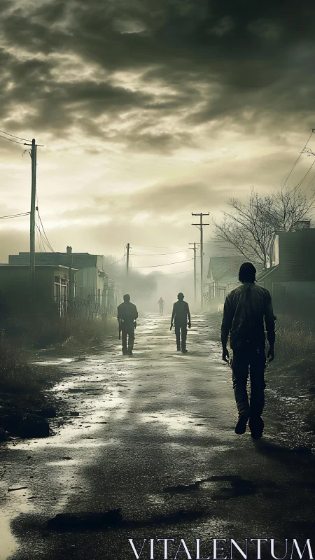 Silhouetted figures walk down wet deserted street at dusk