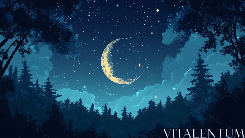 Crescent moon above conifer forest under dense star field.