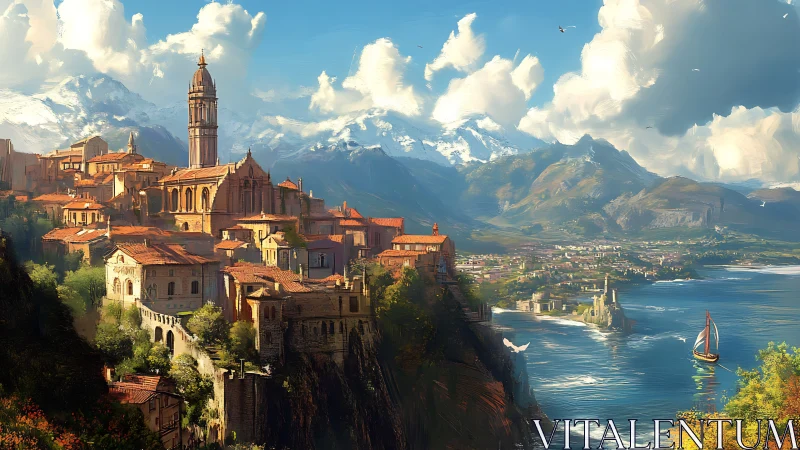 Coastal hillside town with central tower and distant mountains.