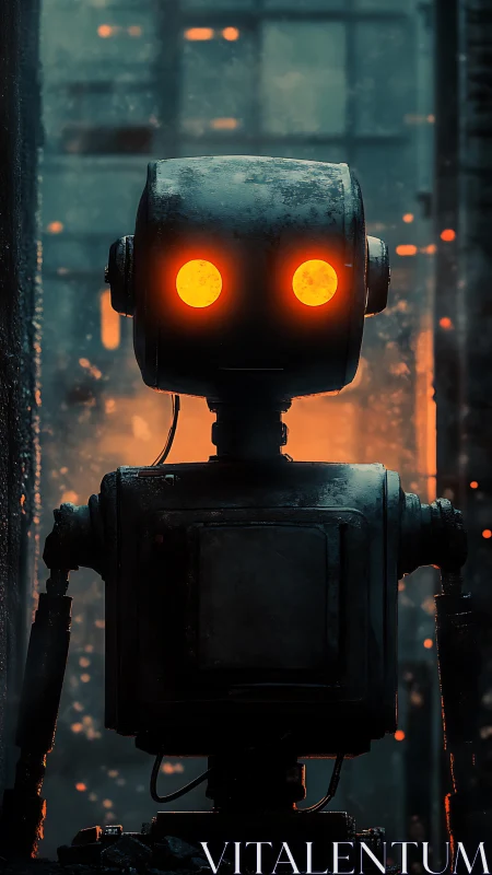 Gentle robot with glowing eyes in a moody city alley.