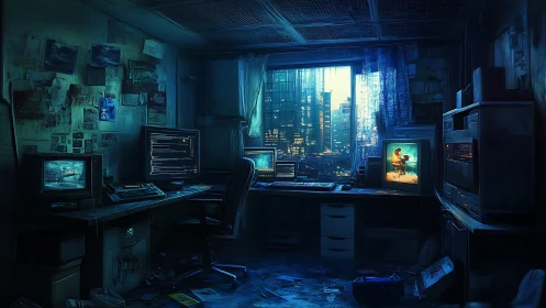 Cyberpunk hacker den overlooks neon-drenched future cityscape.