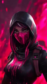 Neon-masked rogue stands in vivid crimson digital storm.