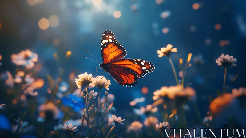 Macro view of monarch butterfly over daisies at twilight