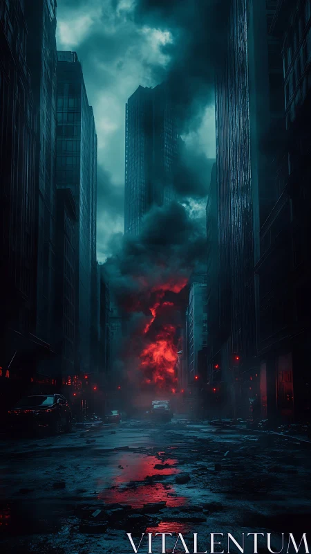 Burning tower erupts over ruined neon city street. Period.