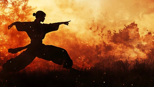 Martial artist silhouette poised before blazing wildfire horizon.