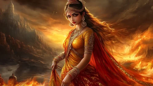 Warrior queen strides through inferno in vivid digital realism