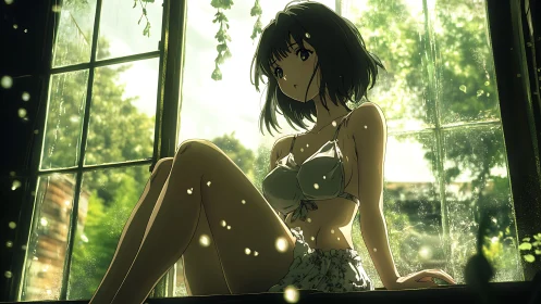 Anime girl sitting by backlit window with green foliage outside.