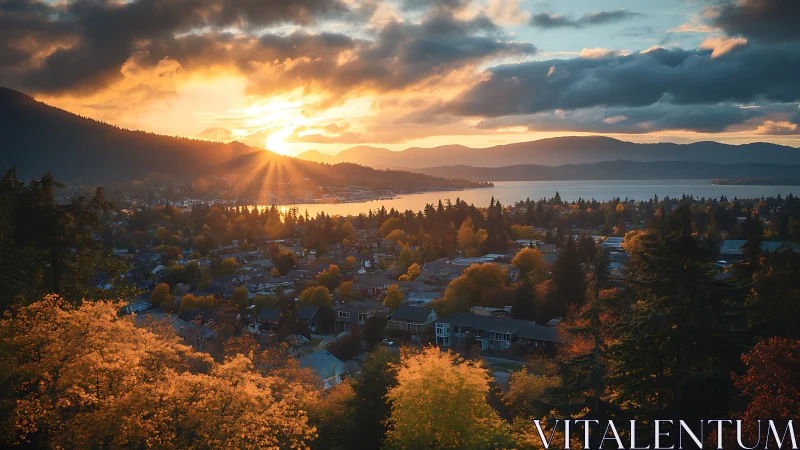 Sunset over lakeside town with autumn foliage and hills.