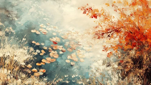 Autumn foliage and floating leaves over calm blue water.