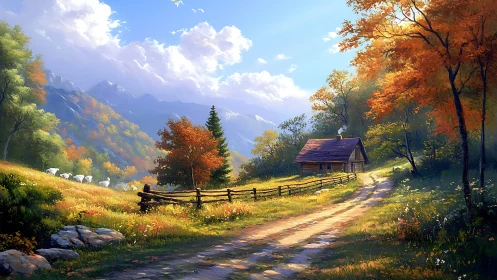 Mountain valley cabin with trees, dirt road, and grazing sheep.