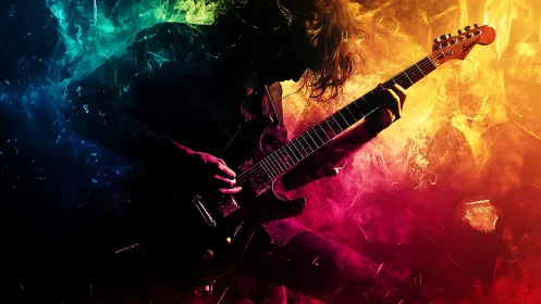 Guitar pyromancer shredding through prismatic nebula fire.