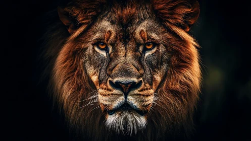 Majestic lion gazes calmly forward with glowing amber eyes