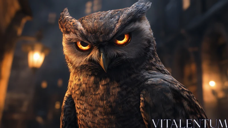 Nocturnal owl portrait under warm street lantern bokeh glow