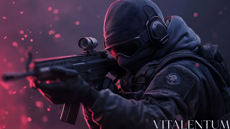 Tactical operative aiming rifle in neon red bokeh glow.