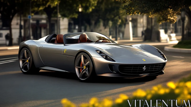 Silver convertible sports car is parked on a sunlit street
