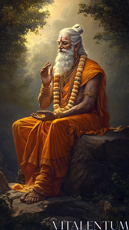 Elderly sage in orange robes meditates on forest rock