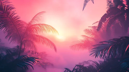 Digital tropical foliage scene shows backlit misty sunset