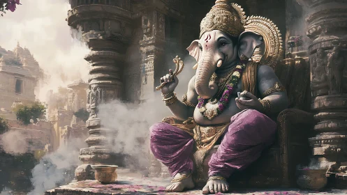 Gentle Ganesha rests in a sunlit temple of swirling incense