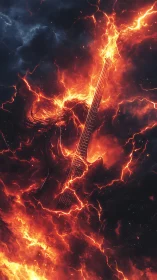 Electric Guitar Engulfed in Flames and Lightning