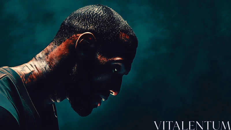 Sweat-drenched athlete profile under dramatic teal light.