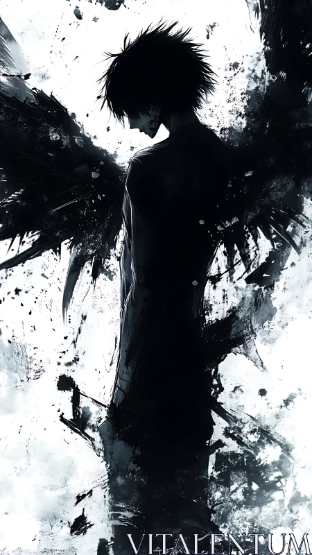 Shadowed angel profile amid violent black ink wings.