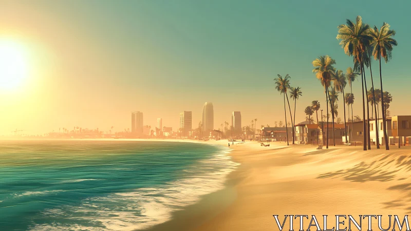 Low-angle sunset coastal skyline with stylized volumetric haze rendering