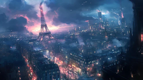 Cyber-noir Paris skyline renders storm-lit Eiffel Tower glow