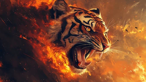 Tiger head roars amid swirling orange and black flames