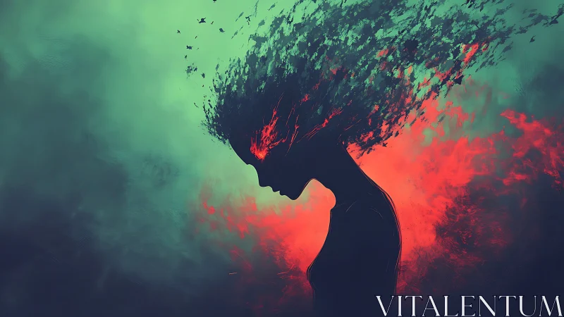 Silhouette with flaming hair dissolving into abstract sky.