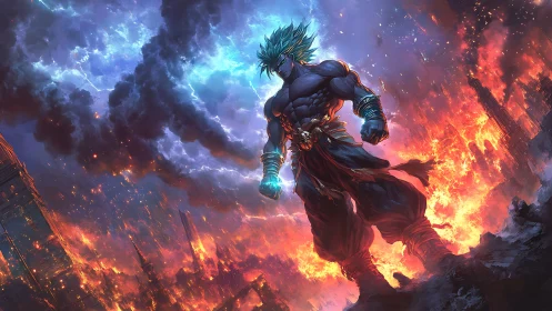 Celestial energy warrior above apocalyptic burning cityscape