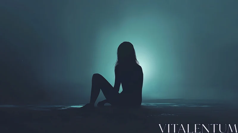 Minimalist backlit silhouette in atmospheric teal haze composition.