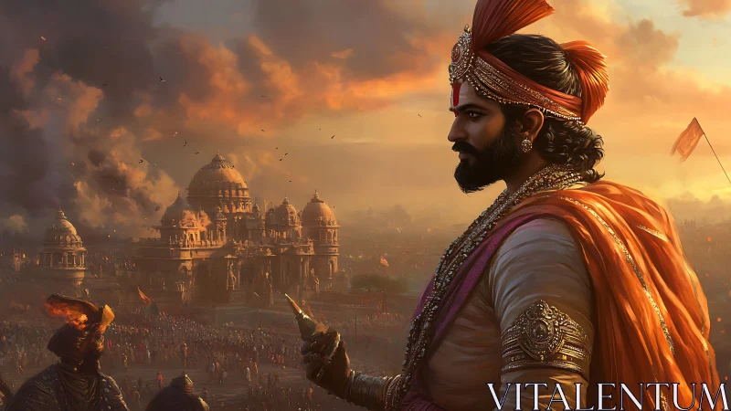 Regal warrior watching a temple city glow at dusk.