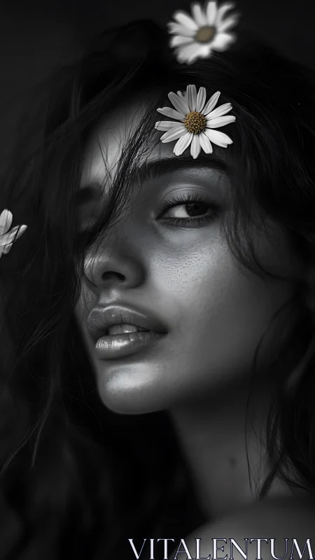 Monochrome close-up portrait of woman with daisy flowers.