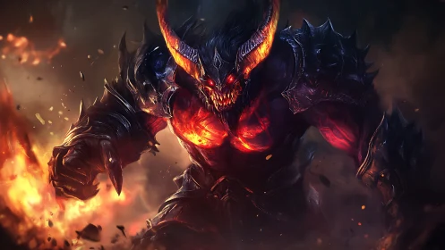 Hellforged horned demon in molten armor amid erupting flames