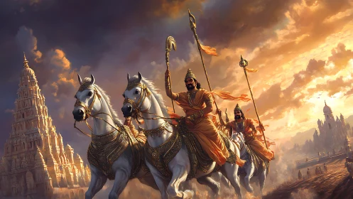 Warrior kings riding white stallions at blazing dawn.